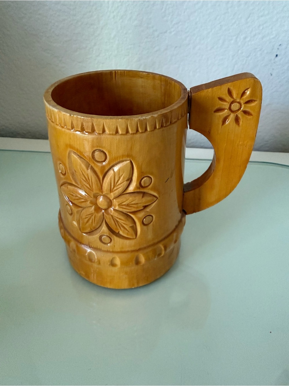 Russian antique Hand-Carved Wooden Beer Mug in Honey Brown 1977 s